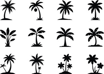 Obraz premium Black tropical palm tree silhouette icon set with exotic beach island nature symbols isolated on white background vector