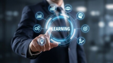 Business professional touching digital learning interface with futuristic icons and glowing blue effects for education and technology concepts