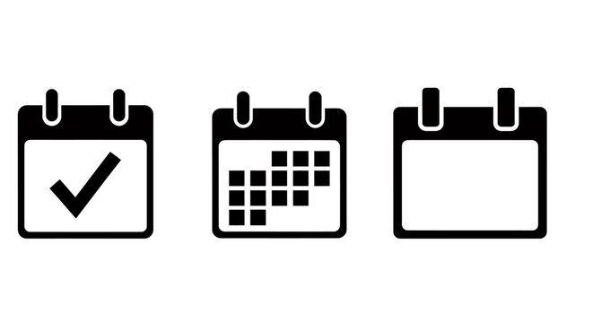Set of three black calendar icons with different date markings on white background.
