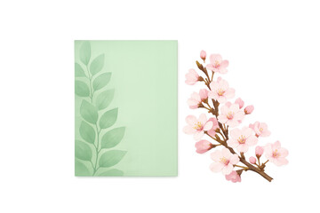 Cherry blossom and green leaf watercolor card