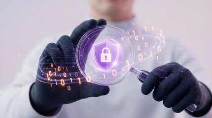 Hands holding glowing digital security lock icon with binary code background in futuristic cyber concept