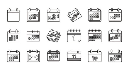 Fototapeta premium Set of various black and white calendar icons with different layouts and styles.