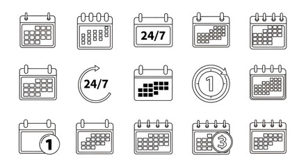 Set of various calendar and date icons representing scheduling and time management.