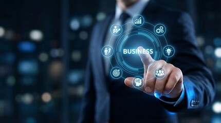 Business professional touching digital business network interface with global icons and technology elements in futuristic blue lighting