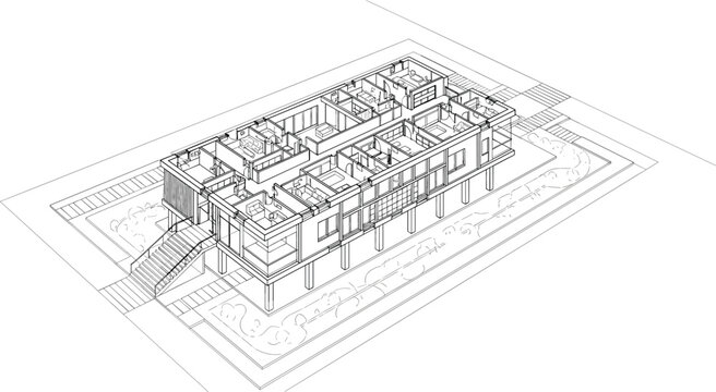 Isometric architectural floor plan vector illustration of modern residential building interior layout with rooms furniture garden and structural planning details