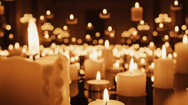 A warm, golden glow emanates from countless lit candles of varying sizes, creating a peaceful and serene atmosphere