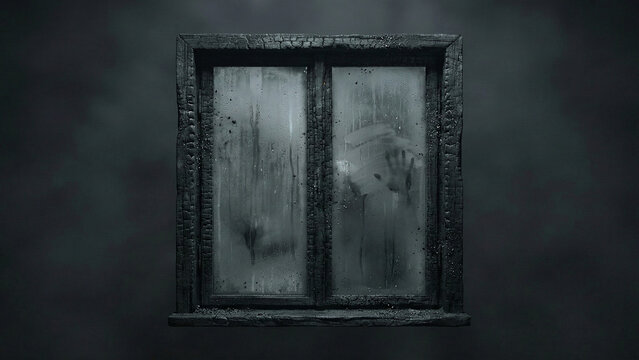 Symmetrical burnt wood window frame with foggy glass and erasure marks representing memory loss