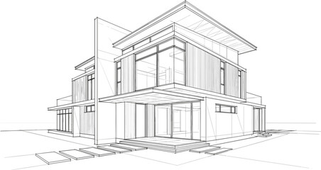 Minimalist architectural line art of a two story modern house with floor to ceiling glass windows and patio design © Bappi
