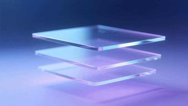 stacked clear glass plates with glowing edges and bokeh