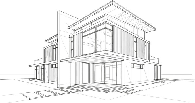 Minimalist architectural line art of a two story modern house with floor to ceiling glass windows and patio design