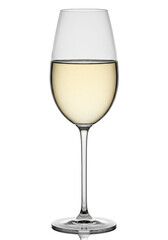 Elegant tall flawless cut crystal wine glass with shimmering citrus white wine, transparent seamless background, crisp reflected shadow, luxury product concept
