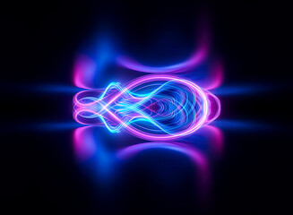 Abstract glowing shape with blue and pink hues, resembling futuristic technology or energy flow.  Curved lines create a dynamic, bright and vibrant visual on a dark backdrop.