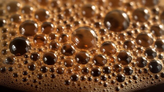 Captivating close-up of delicate coffee foam showcasing a mesmerizing pattern of varying bubble sizes, creating a rich and intricate texture on the surface of a freshly brewed beverage