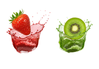 Wet, glossy strawberries and kiwi slices splash violently into vibrant red and green juice pools on a transparent background with copy space, concept of dynamic freshness and sensory vitality.