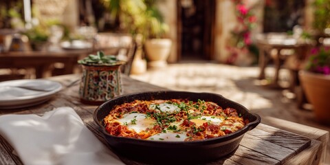 Fototapeta premium Shakshuka with poached eggs, rich tomato sauce and herbs, served in cast-iron skillet atop a rustic wooden table. White napkin and fork rest nearby as sunlight fills the Israeli courtyard behind.