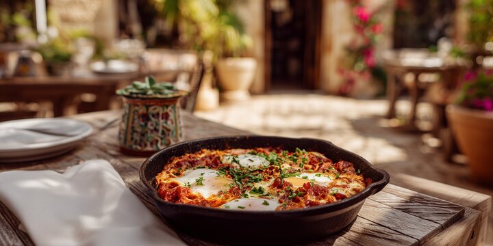 Shakshuka with poached eggs, rich tomato sauce and herbs, served in cast-iron skillet atop a rustic wooden table. White napkin and fork rest nearby as sunlight fills the Israeli courtyard behind.