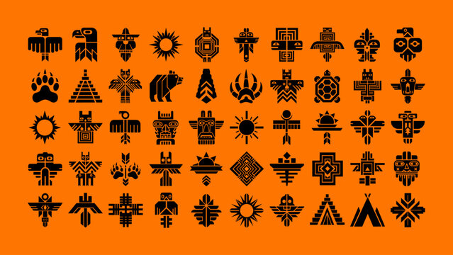 Native American Indigenous Tribal Symbols and Totem Icons Vector Set