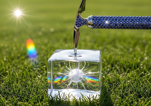 Ice cube pierced with a pickaxe, rainbow effect and sunburst - Powered by Adobe