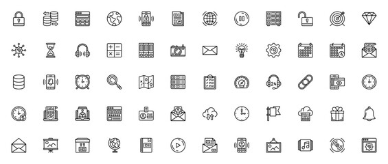 Essentials_9769 icon set. Vector icons pack featuring padlock, database, browser, smartphone, email, settings, globe, and more. Editable stroke.