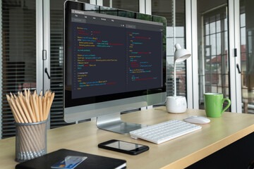 Fototapeta premium Software development programming on computer screen for modish application and program coding