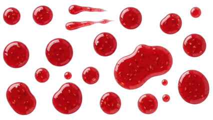 Drops and stains of liquid red berry jam or sauce isolated on transparent background, top view, PNG