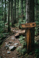 Explore adventure outdoor in National Park. A wooden trail sign in the middle of a forest, surrounded by tall trees and lush green foliage. The sign is clearly visible.
