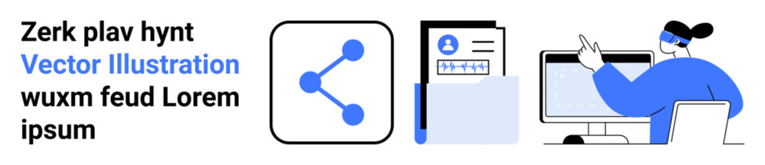 Networking, data organization, online profiles, collaboration, virtual assistance, technology concepts. Graphic with a share icon, digital files and a user in a virtual space. Networking and data