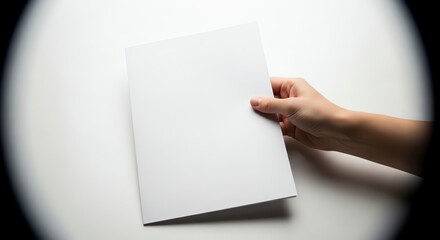 Hand holding blank white paper on table