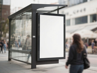 Outdoor Billboard Poster Mockup at Bus Station with City Crowd