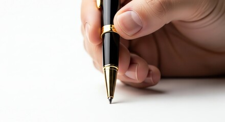 Hand holding pen over white paper