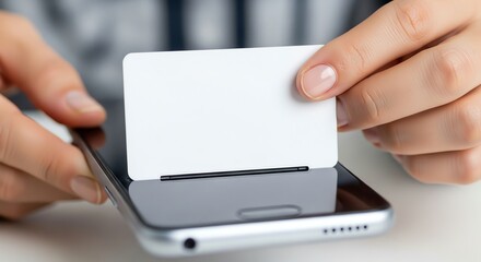 Hand tapping card on smartphone for payment