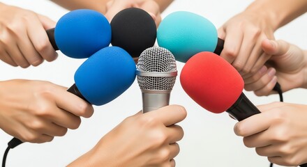 Hands holding microphones during press conference