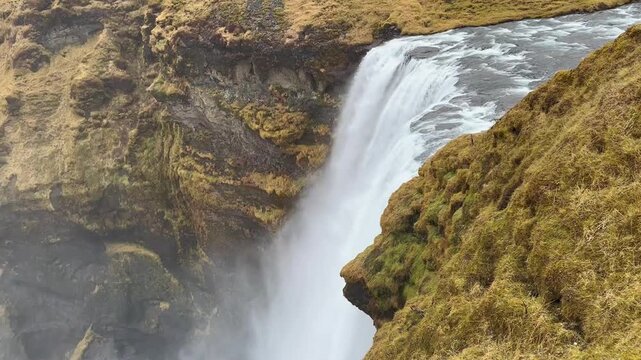 High Angle Static Shot of Skogafoss Waterfall Edge, Iceland.