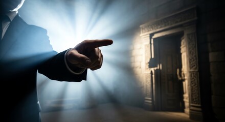 Man pointing towards ornate door with light rays