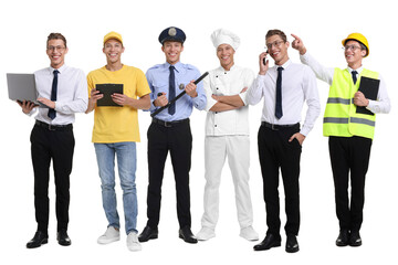 Obraz premium Choice of profession. Same man representing different occupations. Collage of portraits on white background