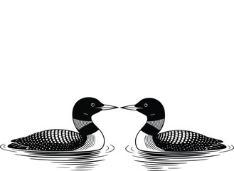 Symmetrical Loons Black and White Illustration Detailed Feather Pattern