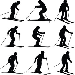 Silhouette sequence of skier performing downhill skiing movements with poles, showcasing winter sports technique, alpine action poses, and dynamic skiing motion on white background