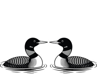 Symmetrical Loons Black and White Illustration Detailed Feather Pattern