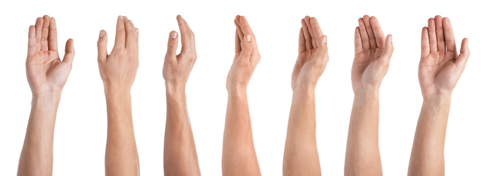 Man showing his hand from different sides on white background, closeup. Collage