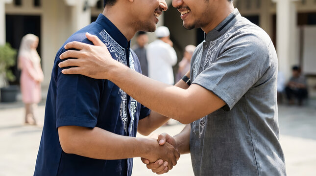 Two smiling Muslim men greet each other, shaking hands and embracing during an outdoor community gathering, likely celebrating Eid al-Fitr or Ramadan.