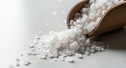 Salt crystals spilling from wooden spoon