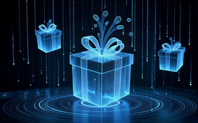 Blue holographic gifts float in digital space, glowing with futuristic light effects.