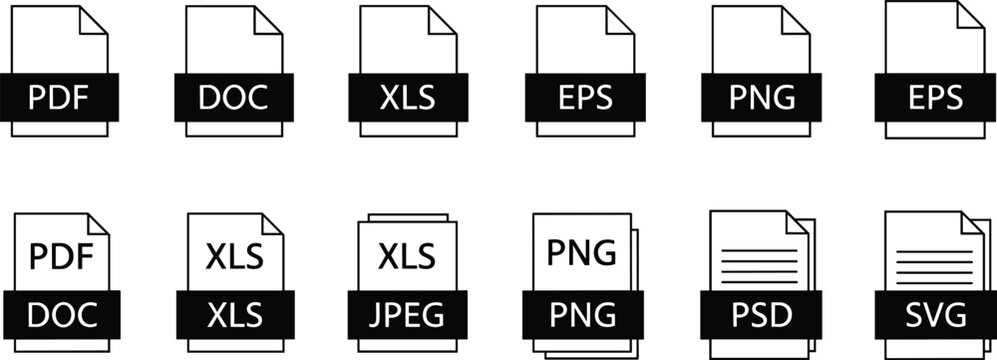 Collection of file format type icons including PDF DOC XLS EPS PNG and SVG for digital document management and downloads