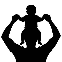 silhouette of father carrying child on head with white background