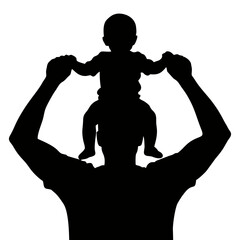 silhouette of father carrying child on head with white background