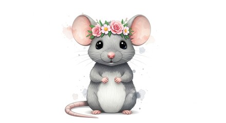 Naklejka premium Adorable Watercolor Mouse with Floral Crown - A Charming Illustration.