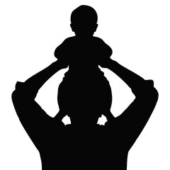 silhouette of father carrying child on head with white background