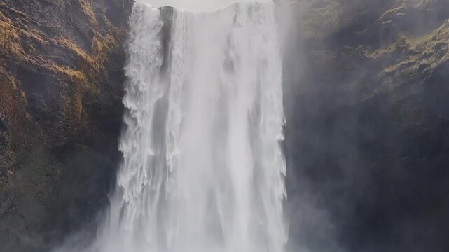 Powerful Static Shot of Skogafoss Waterfall Face and Rocks, Iceland.