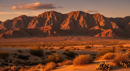 Desert landscape with mountains and cacti at sunset