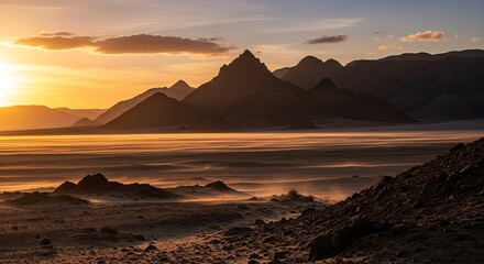 Desert landscape with mountains at sunset